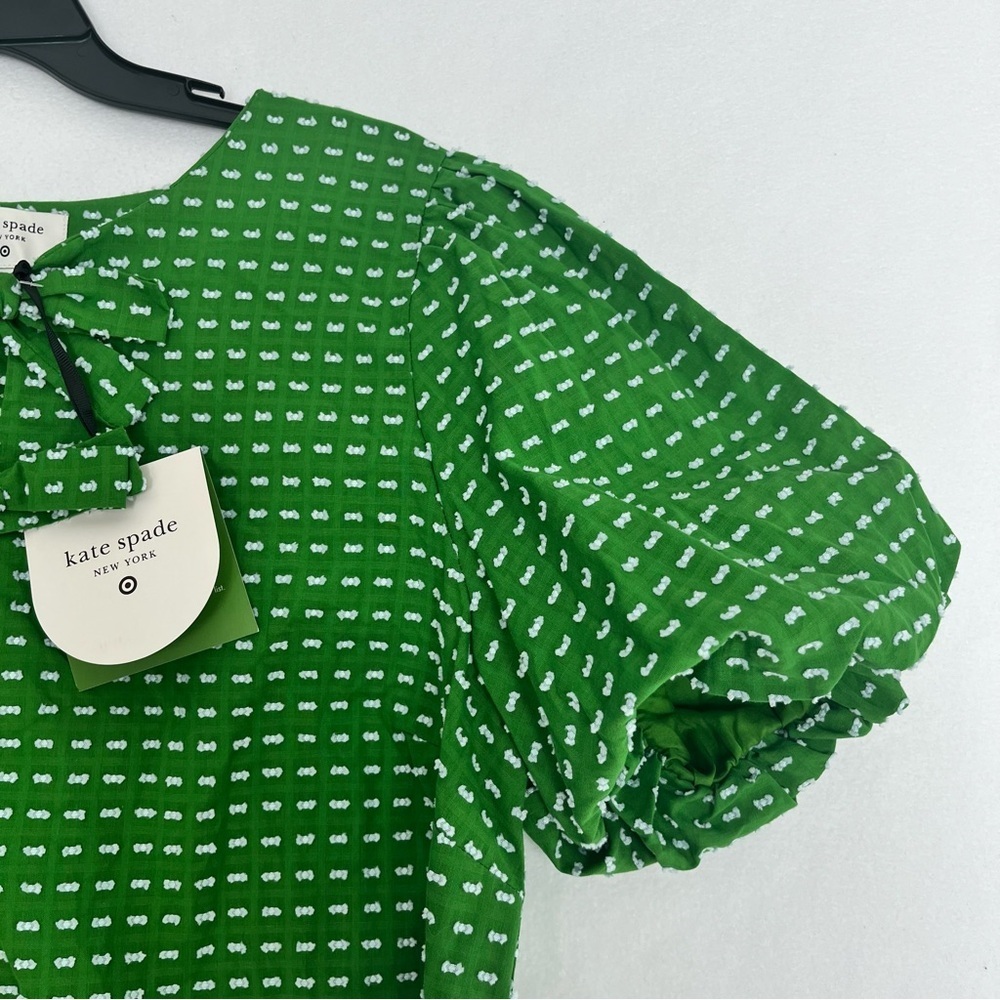 NWT Kate Spade Blouse Textured Polka Dot Bow Front Puff Sleeve Green Top Size L - Picture 3 of 9